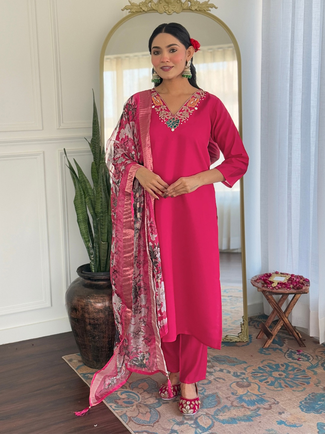

KALINI Embroidered V Neck Kurta With Trousers & Dupatta, Pink