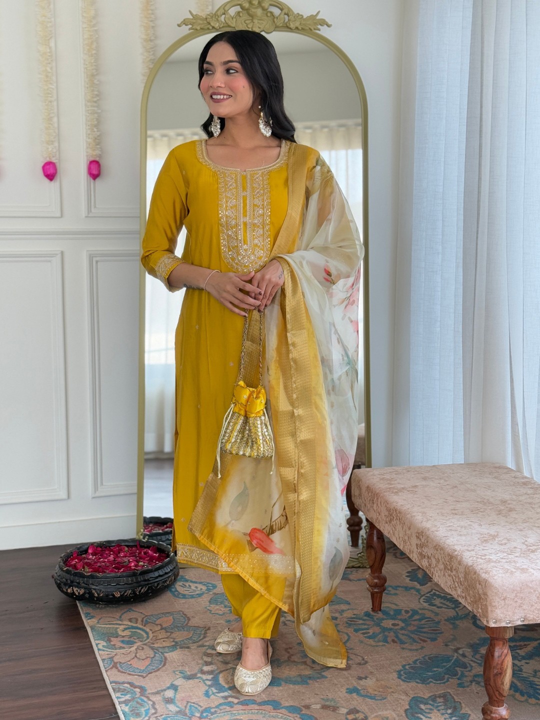 

KALINI Embroidered Sequinned Straight Kurta With Trousers & Dupatta, Mustard