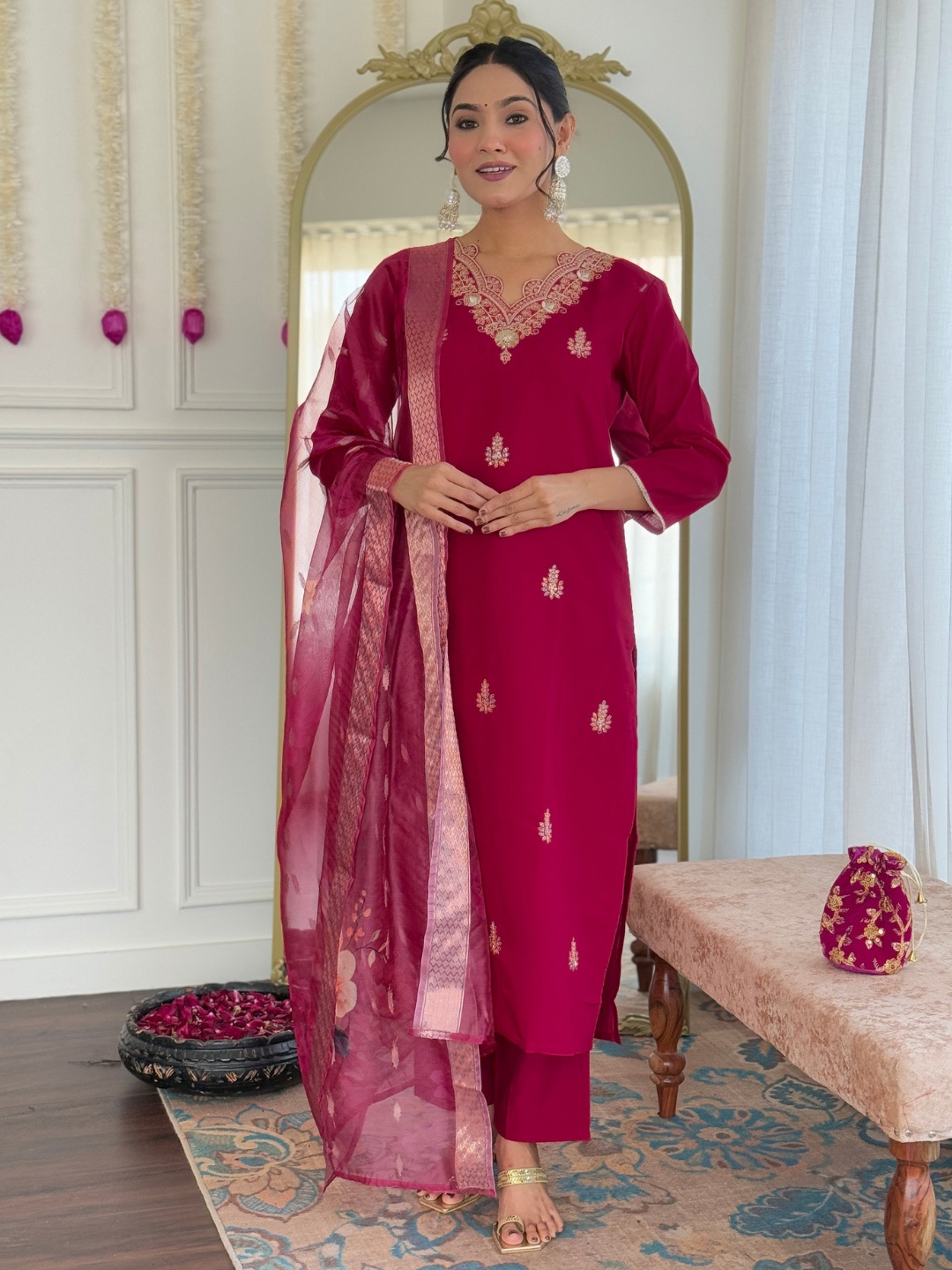 

KALINI Embroidered V Neck Kurta With Trousers & Dupatta, Red