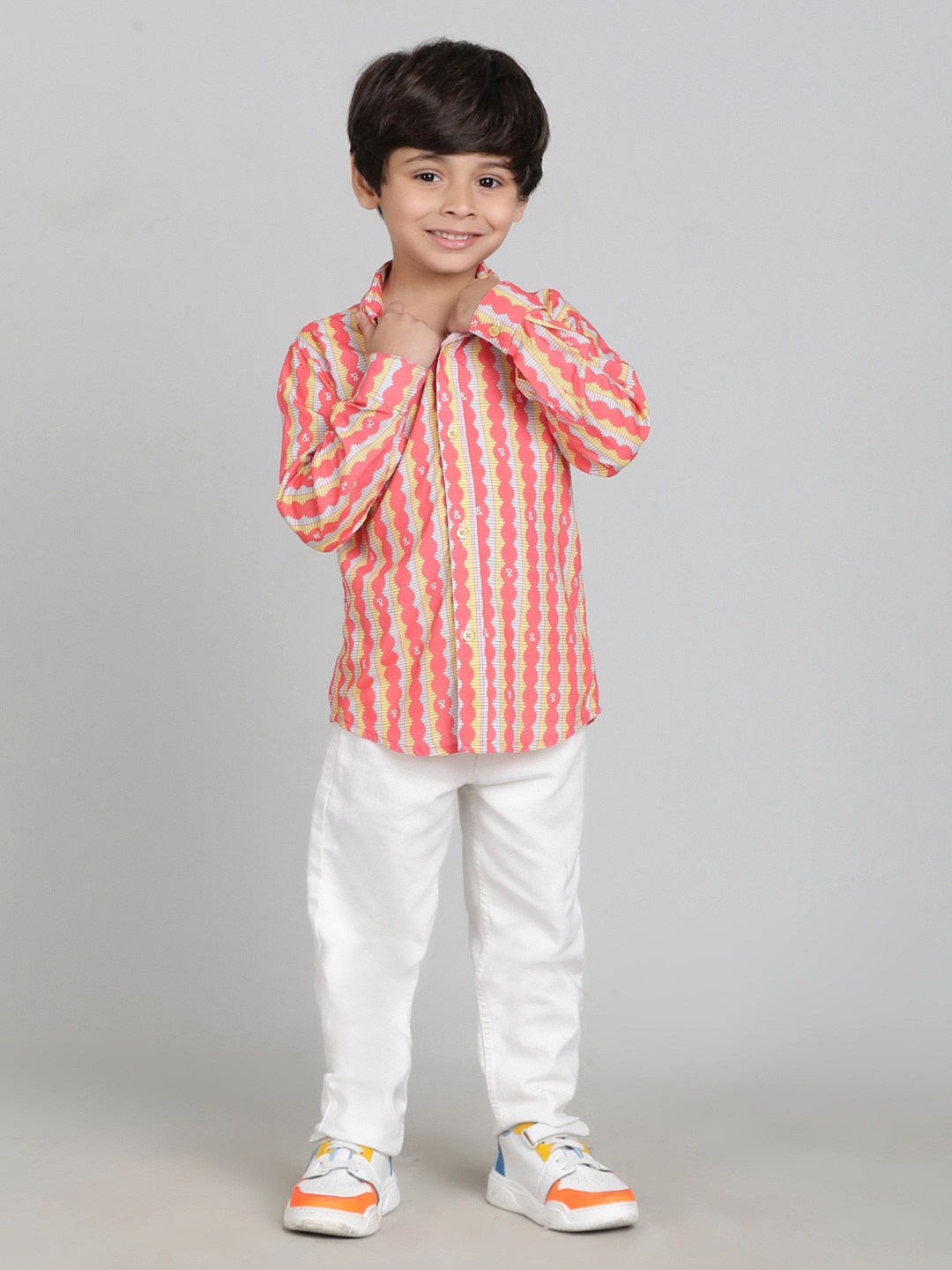 

TALES & STORIES Boys Spread Collar Vertical Striped Casual Shirt, Red