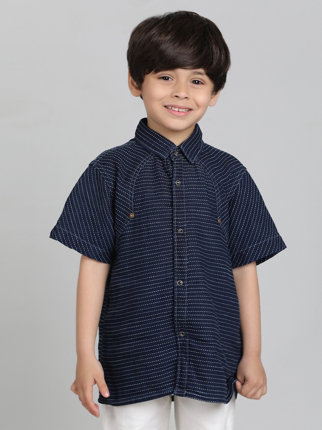 

TALES & STORIES Boys Relaxed Fit Spread Collar Horizontal Striped Cotton Casual Shirt, Navy blue