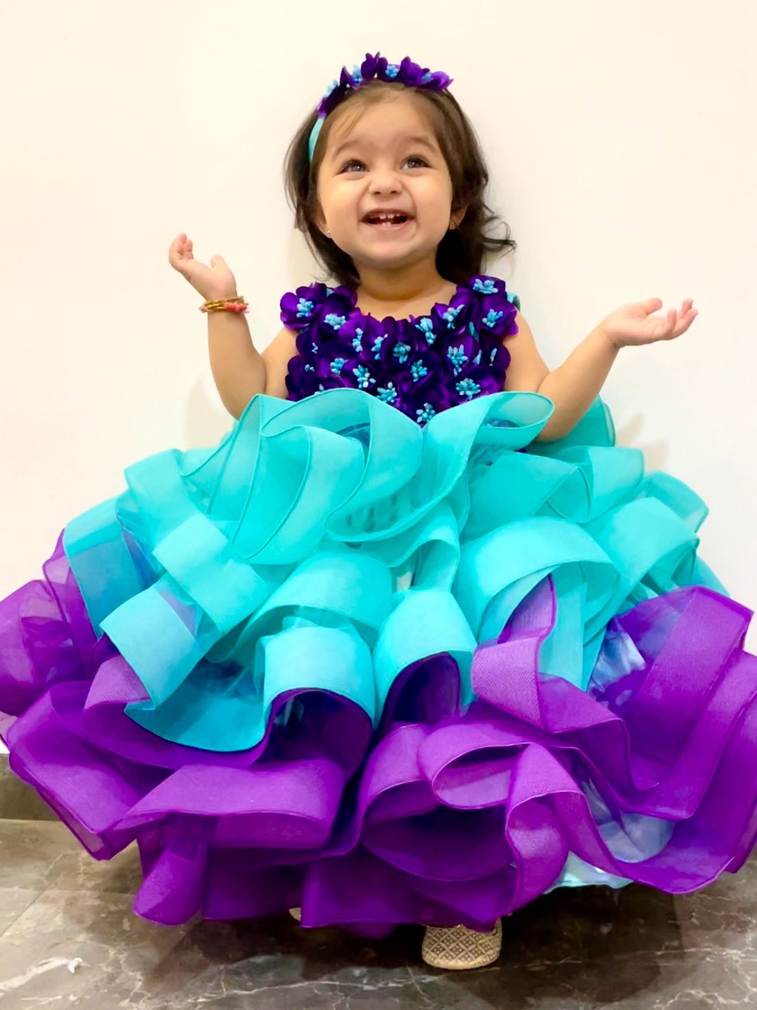 

Li & Li Boutique Girls Aqua Blue & Purple Gown with Fluffy Layered Netted Bottom Dresses