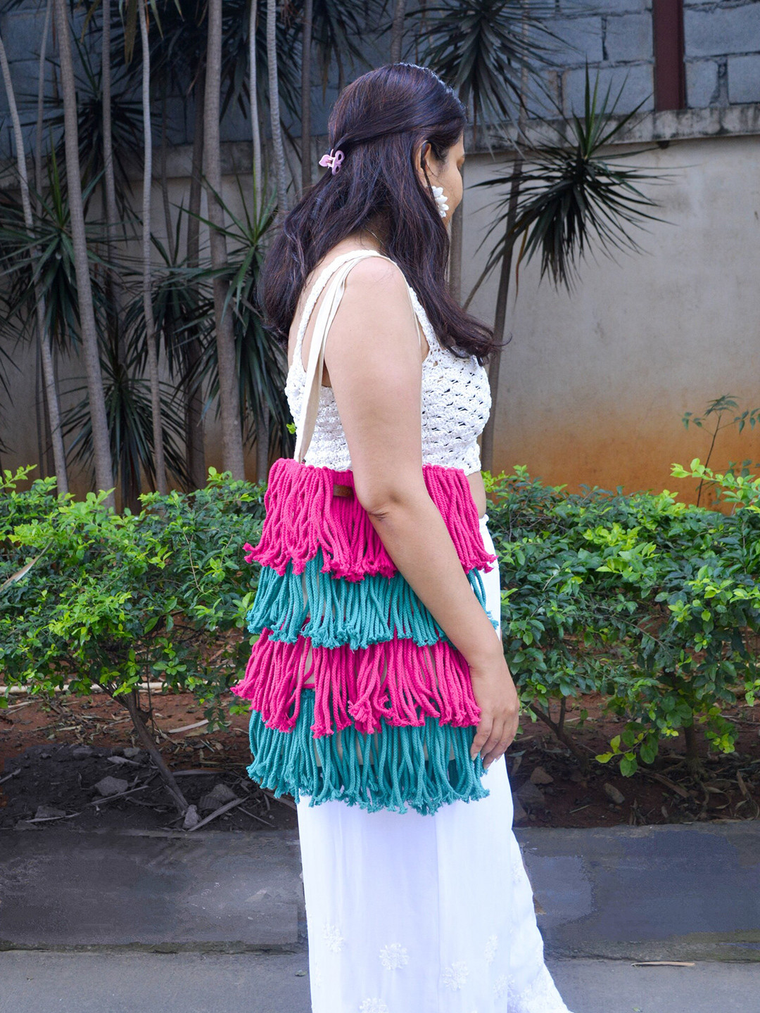 

DECORDILL Colourblocked Shopper Tote Bag with Fringed, Pink