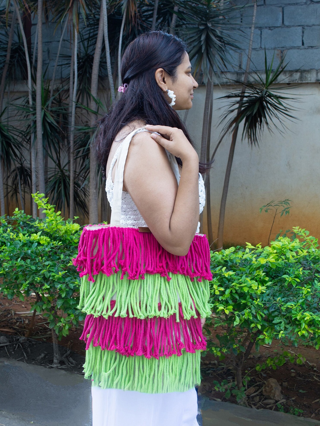 

DECORDILL Colourblocked Shopper Tote Bag with Fringed, Pink