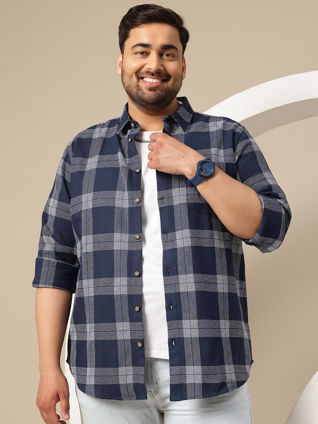 

Sztori Plus Size Premium Checked Pure Cotton Casual Shirt, Navy blue