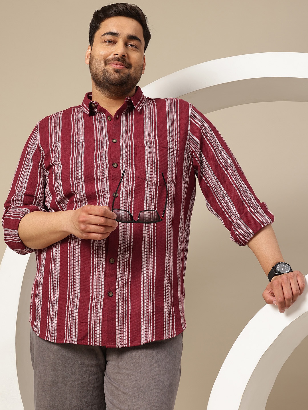 

Sztori Plus Size Premium Striped Pure Cotton Casual Shirt, Maroon