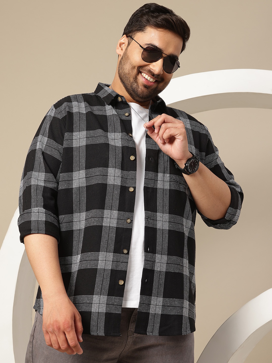 

Sztori Plus Size Premium Checked Pure Cotton Casual Shirt, Black