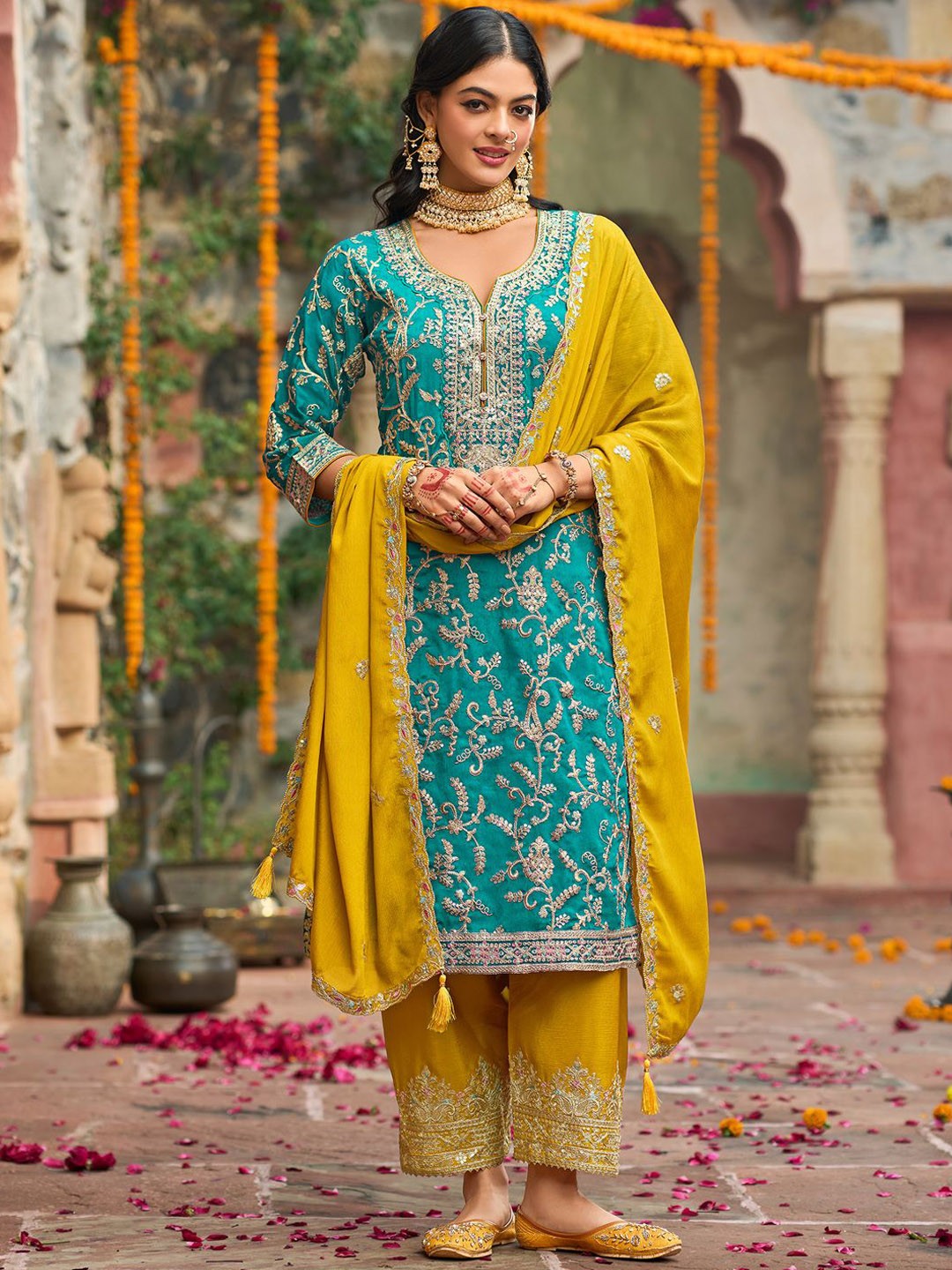 

Indo Era Zari Ethnic Motifs Embroidered Notch Neck Straight Kurta With Trousers & Dupatta, Blue