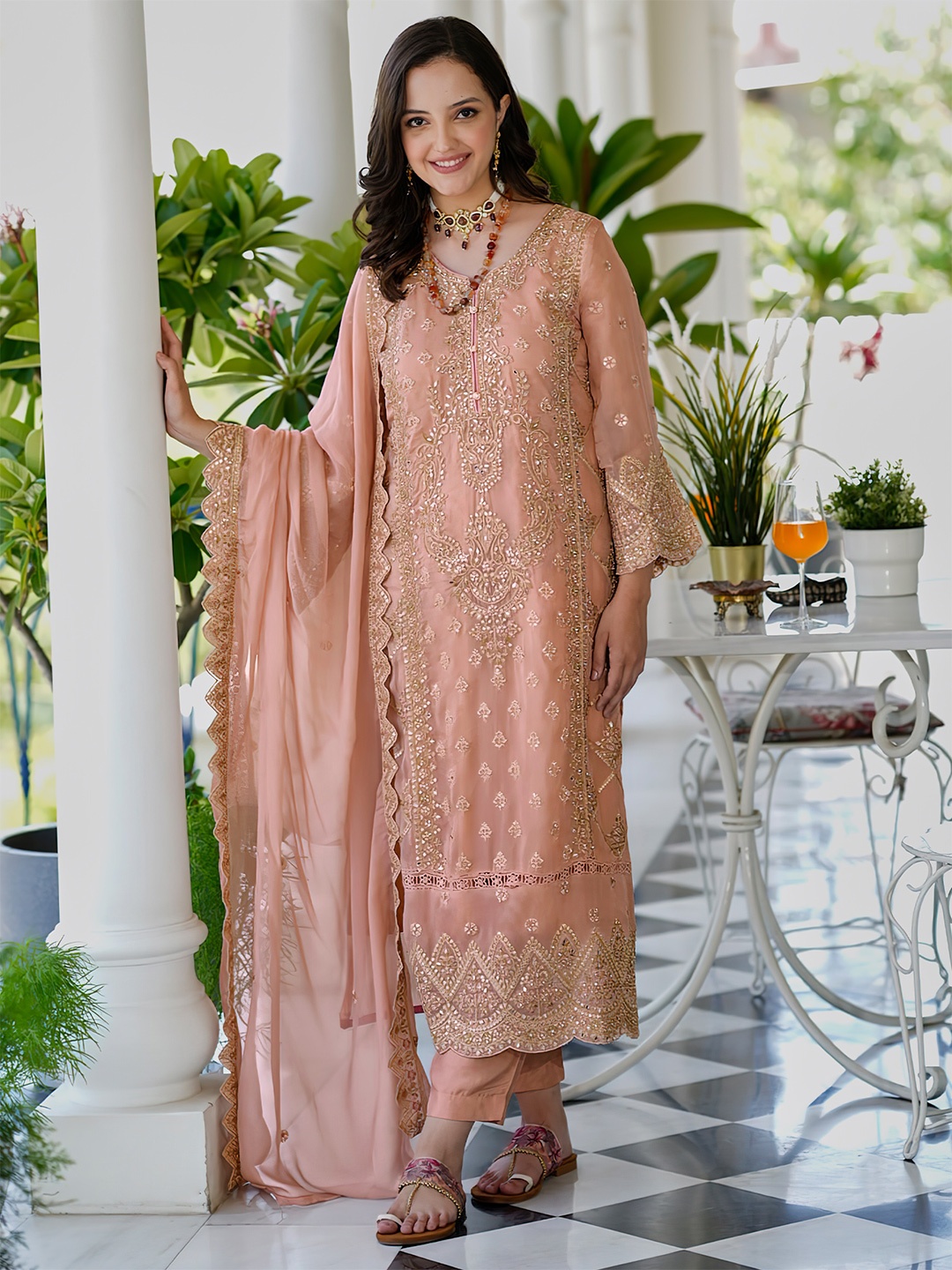 

Indo Era Ethnic Motifs Embroidered Sweetheart Neck Straight Kurta With Trousers & Dupatta, Yellow