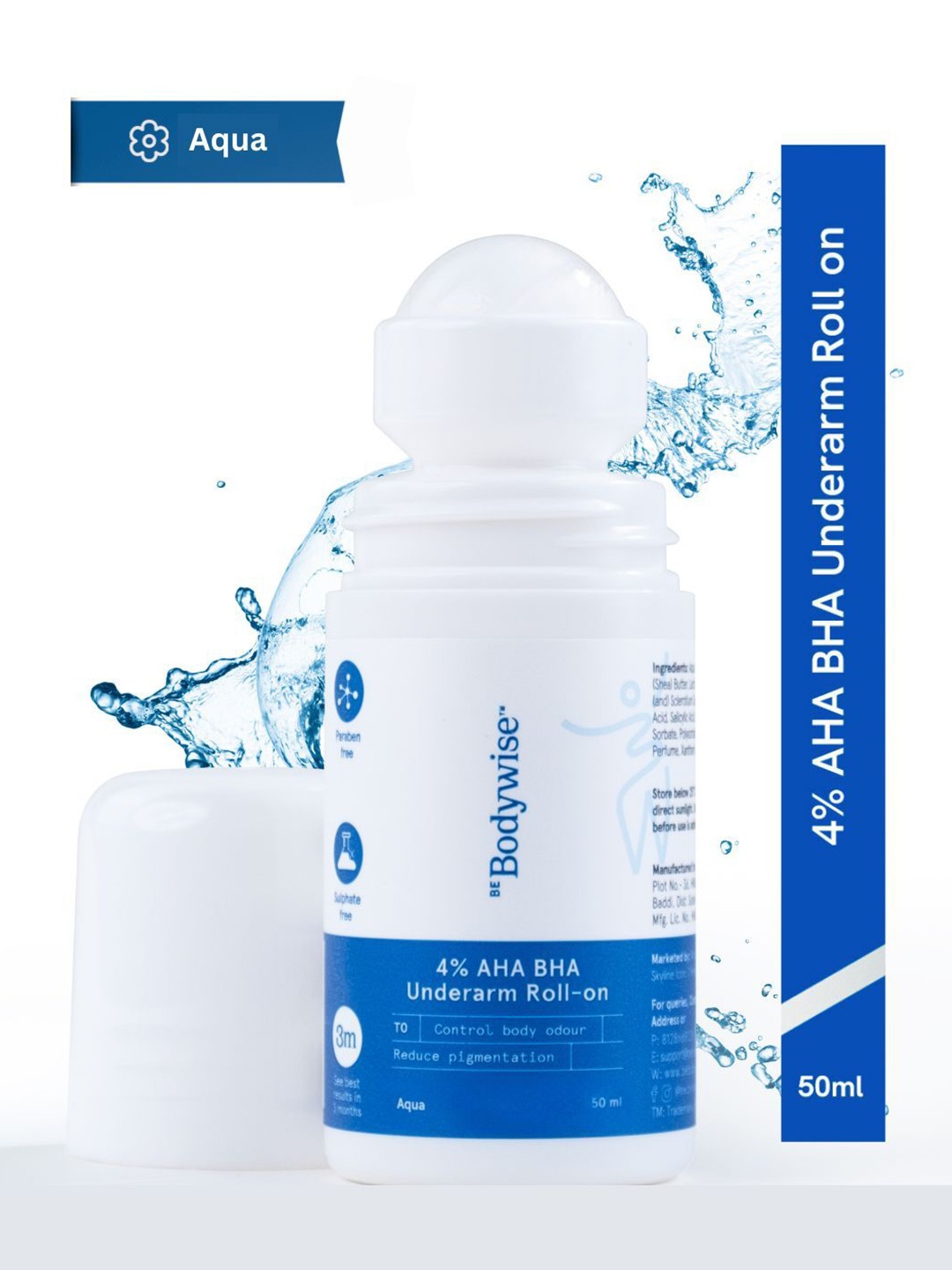 

Be Bodywise 4% AHA BHA Aqua Fragrance Underarm Roll On for Fading Pigmentation - 50 ml, Blue