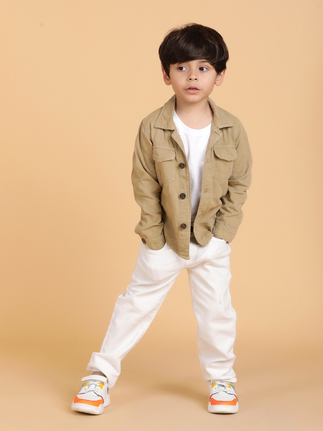 

TALES & STORIES Boys Cotton Spread Collar Shacket, Khaki