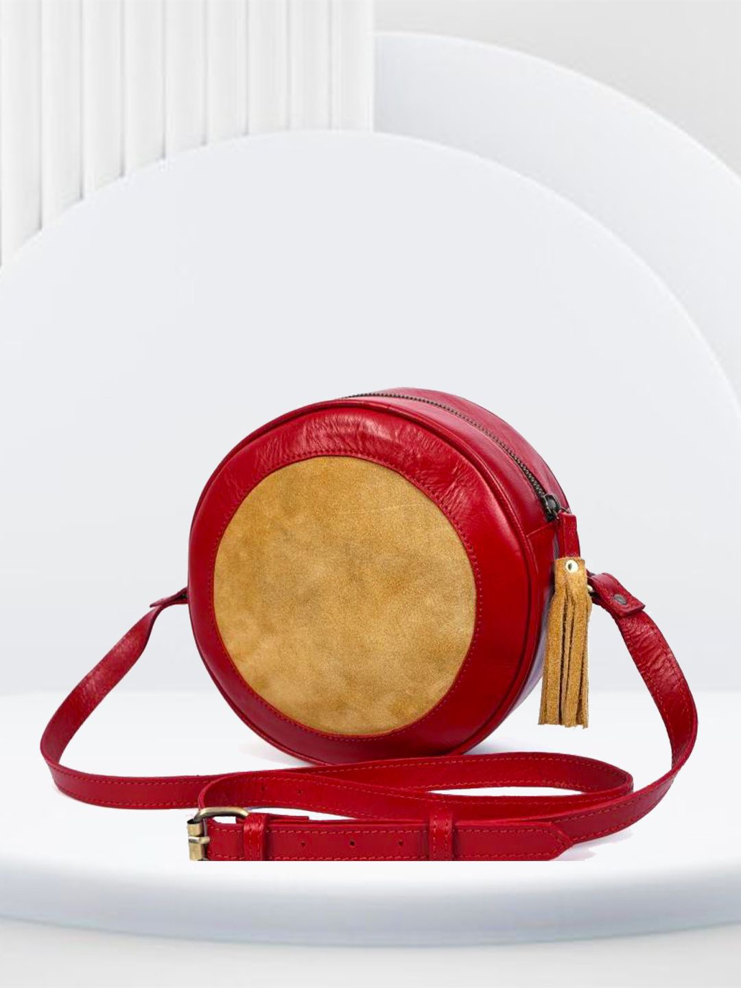 

VASKA Colourblocked Leather Bucket Sling Bag with Tasselled, Beige
