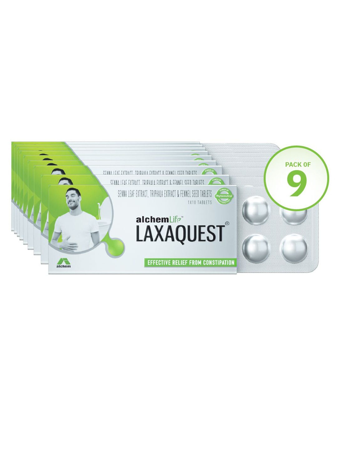 

Alchem Set Of 9 Laxaquest Tablets - 10 Tablets Each, Green