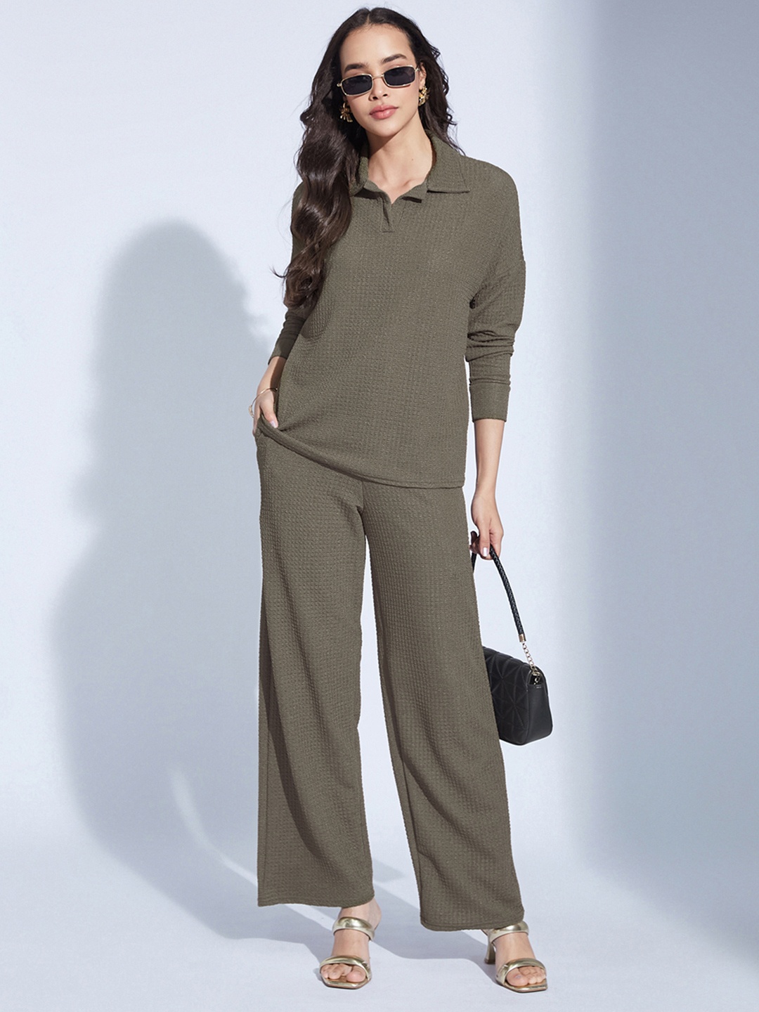 

Selvia Textured Shirt Neck Top With Trouser, Brown