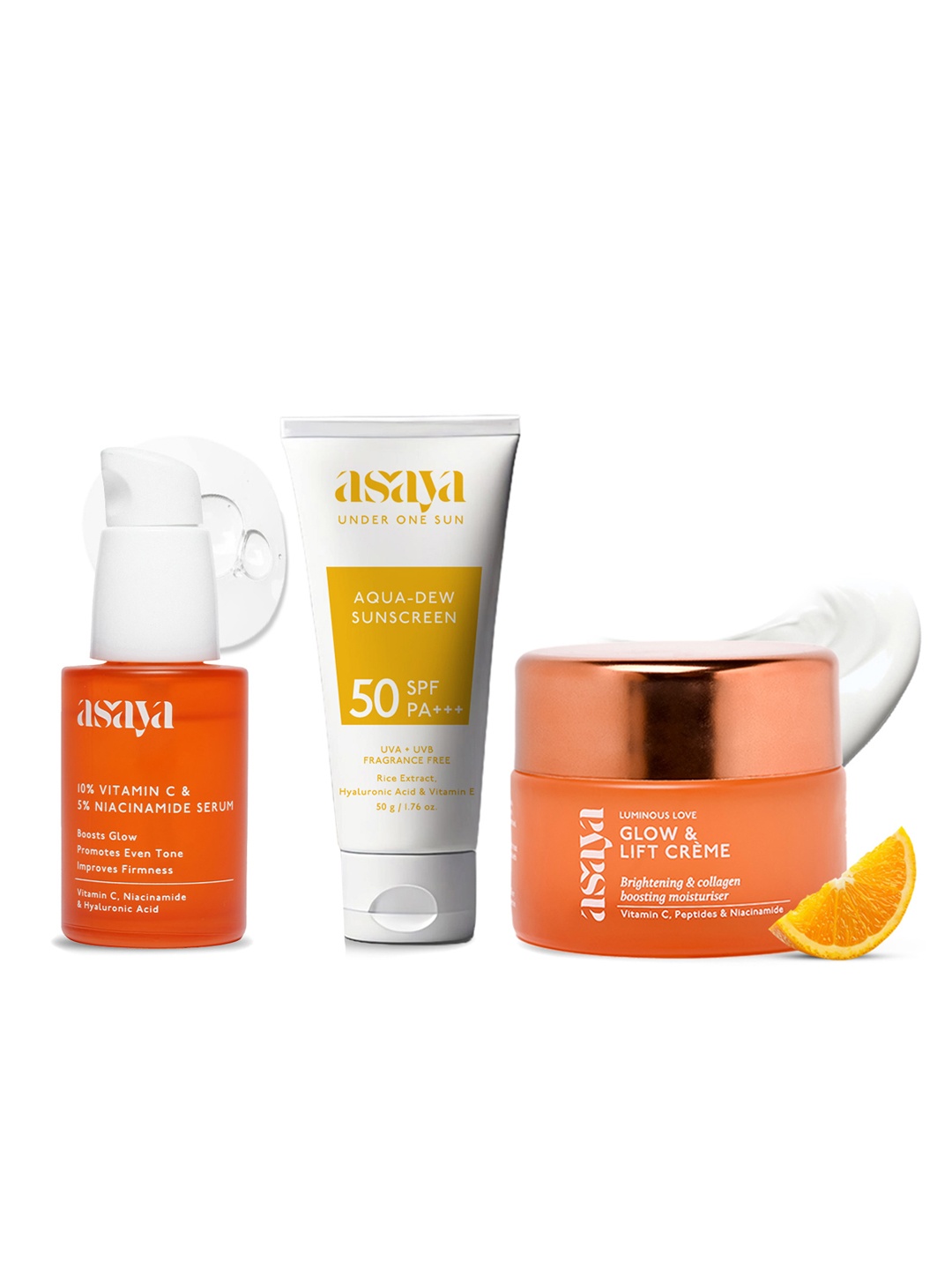 

Asaya Set of Aqua Dew Sunscreen 50g + Niacinamide Serum 30ml + Glow & Lift Cream 50g, Orange