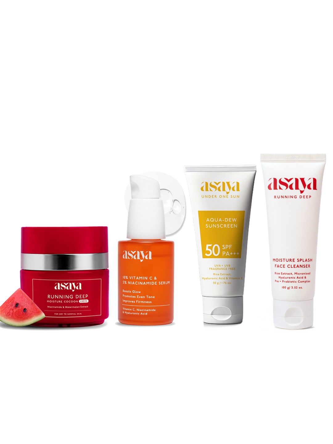 

Asaya Set of Aqua Dew Sunscreen 50g + Face Serum 30ml + Face Cleanser 100g + Creme 50g, Multi
