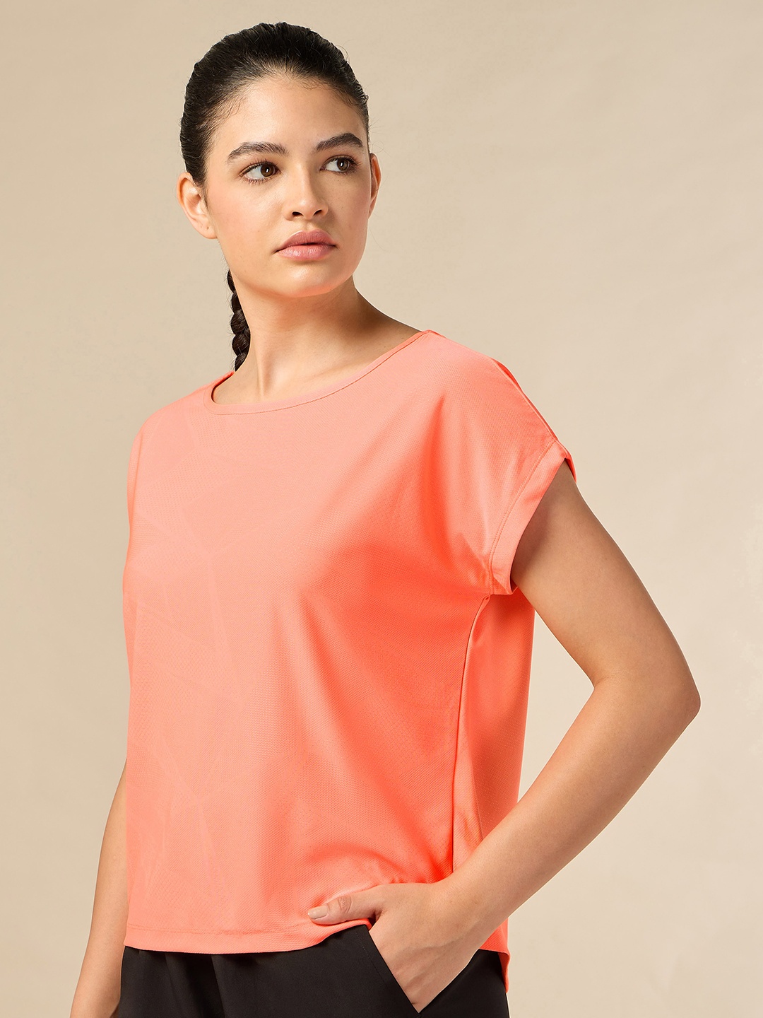

CULT Women Moisture Wicking Solid Round Neck Relaxed Fit T-shirt, Coral