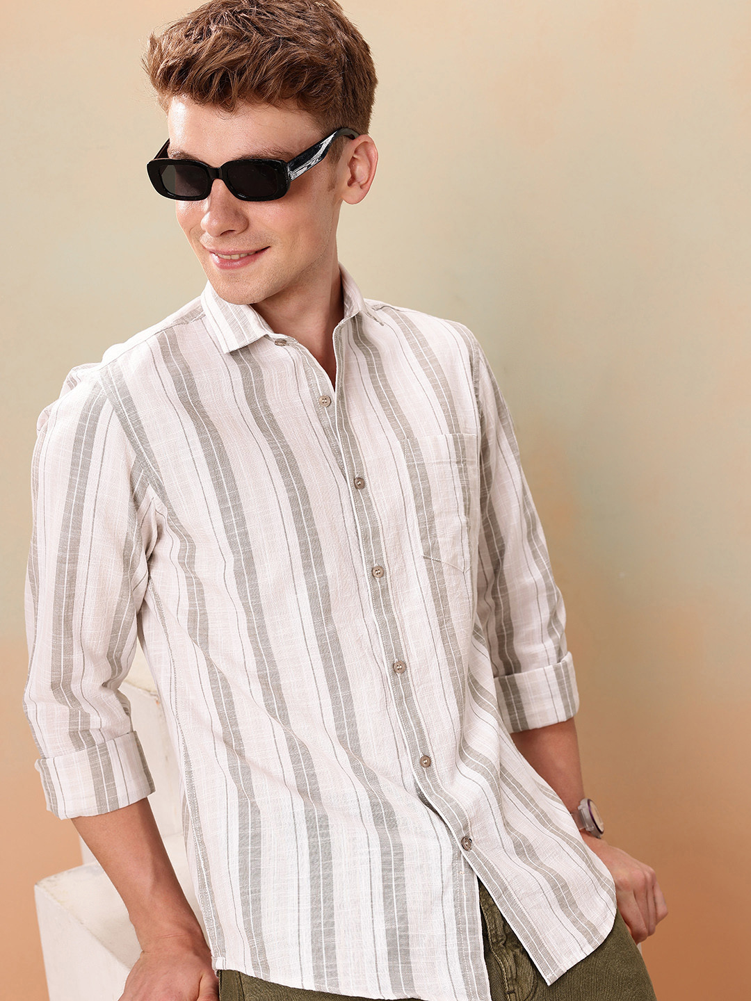 

Mast & Harbour Men Standard Striped Pure Cotton Casual Shirt, Grey