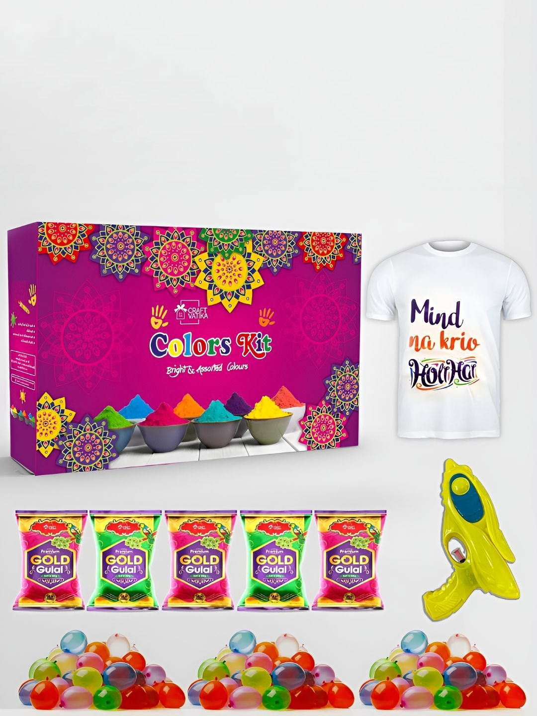 

CraftVatika 10 Pc Green Yellow Eco Friendly Holi Colors With T-shirt, Balloons & Pichkari