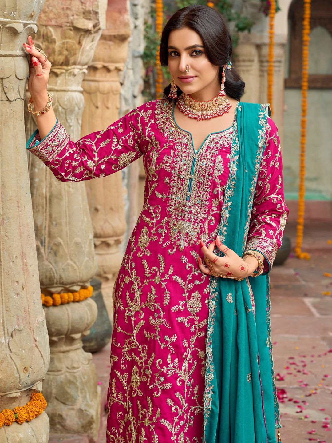 

Indo Era Zari Ethnic Motifs Embroidered Notch Neck Straight Kurta With Trousers & Dupatta, Pink