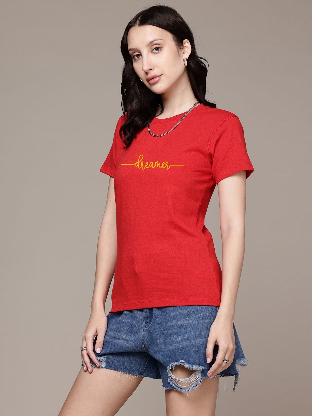 

Moda Rapido Women Typography Printed Round Neck Regular Fit Cotton T-shirt, Red