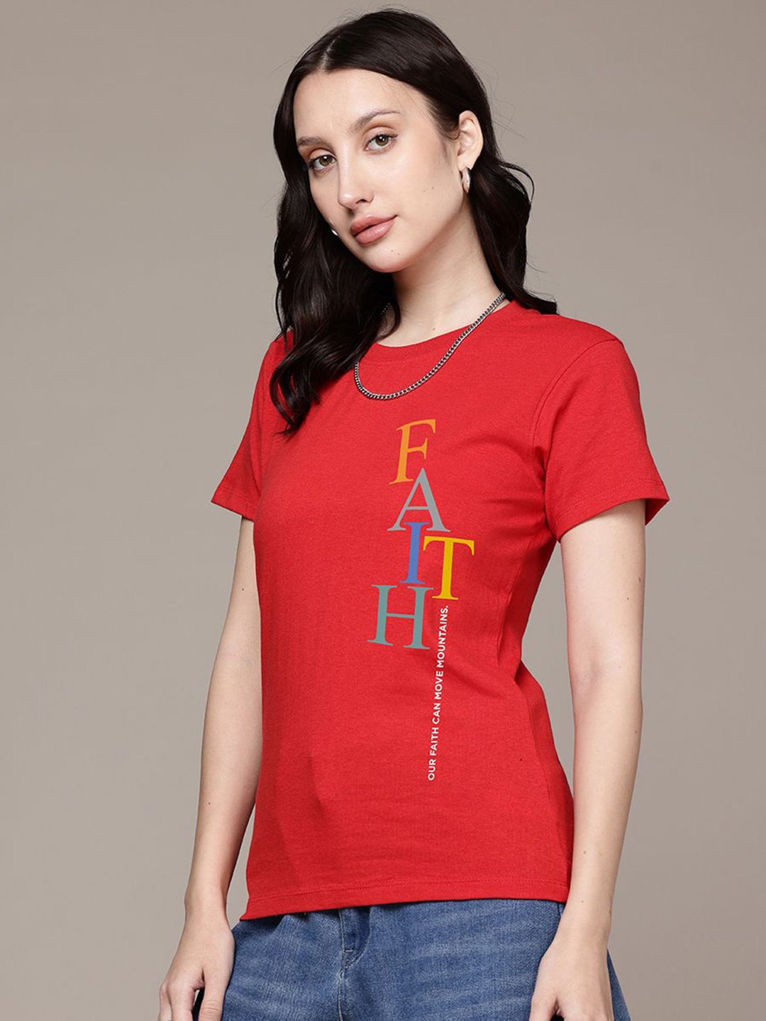 

Moda Rapido Women Typography Printed Round Neck Regular Fit Cotton T-shirt, Red