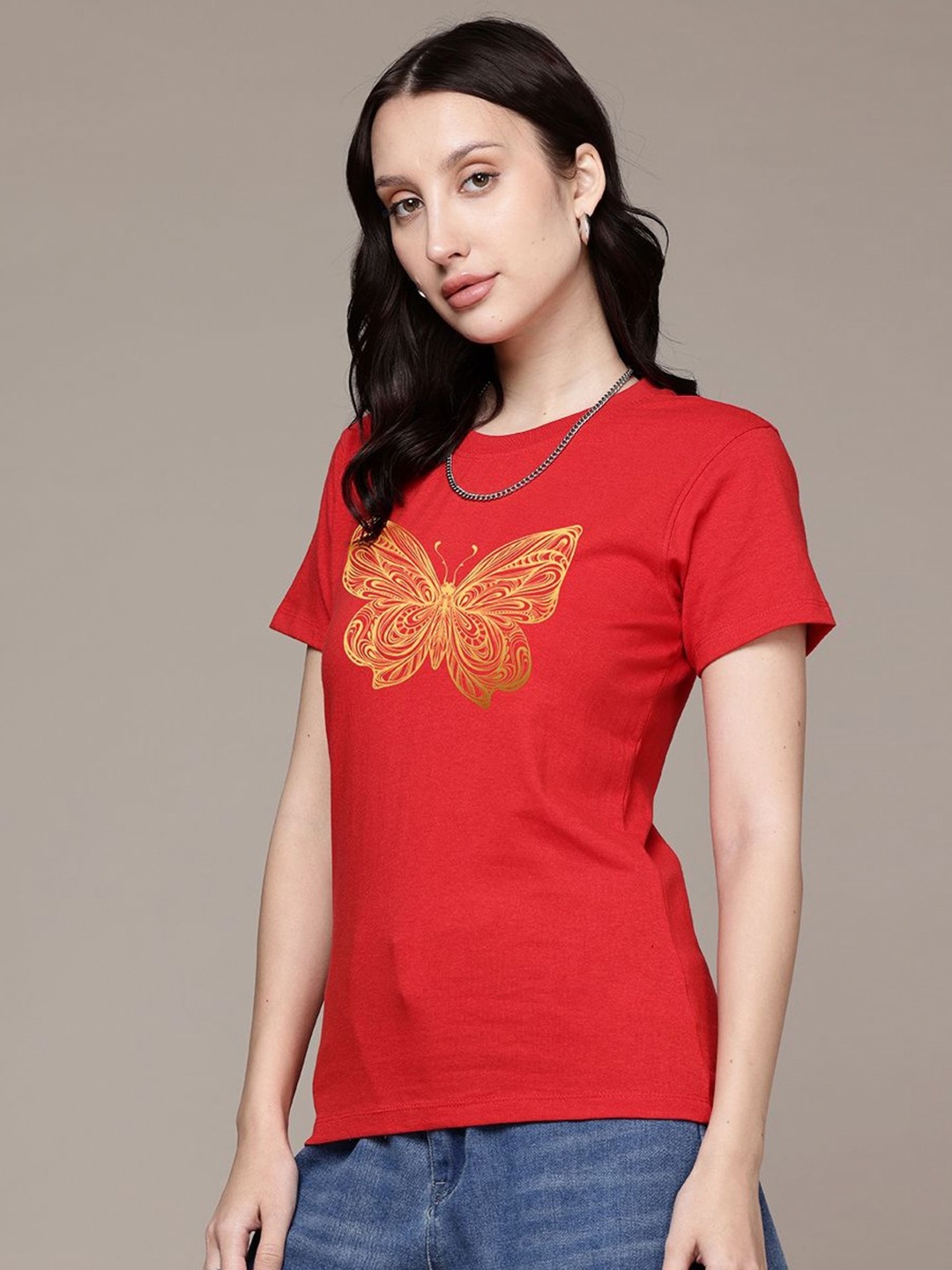 

Moda Rapido Women Graphic Printed Round Neck Regular Fit Cotton T-shirt, Red
