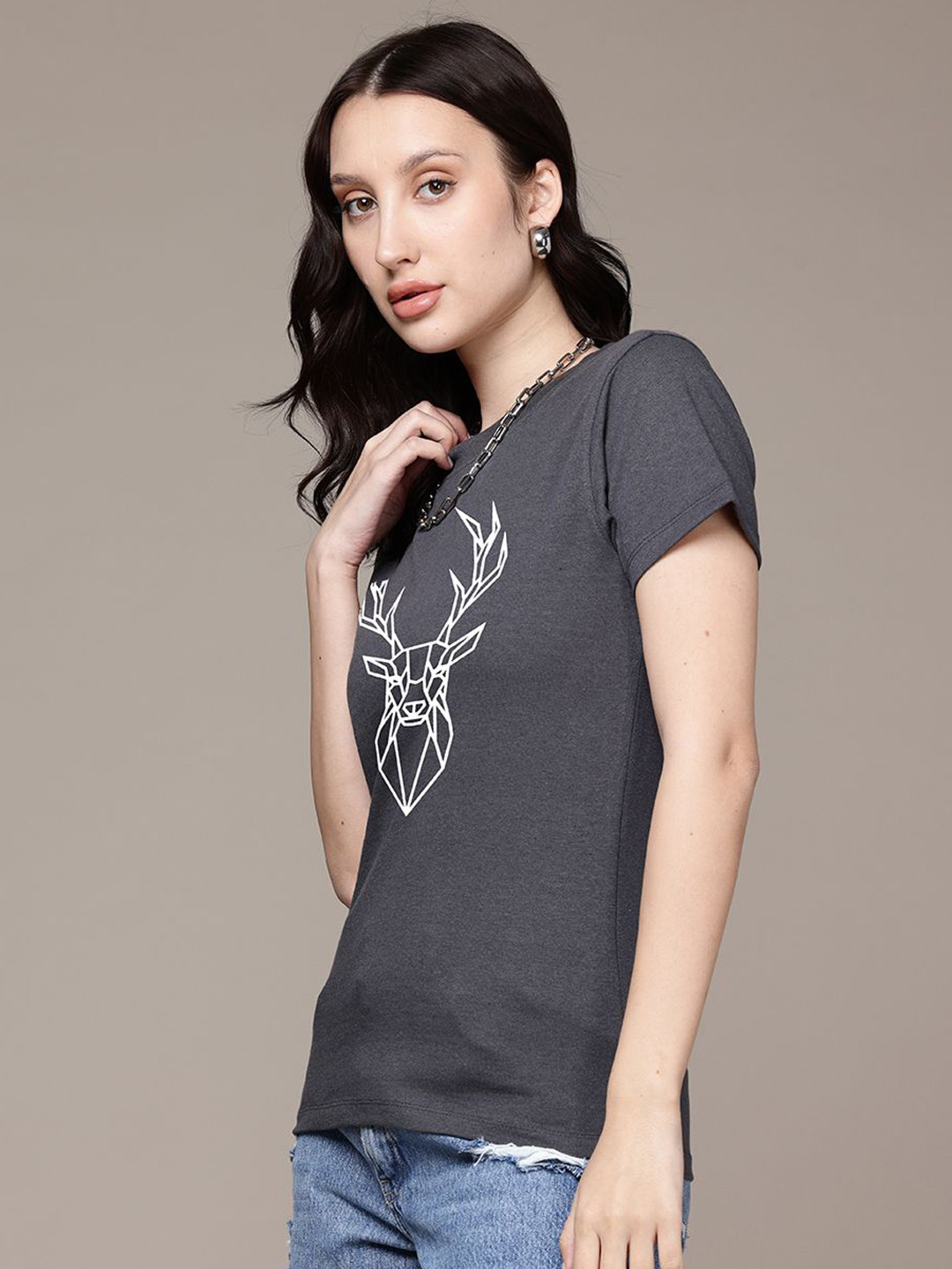 

Moda Rapido Women Graphic Printed Round Neck Regular Fit Cotton T-shirt, Grey