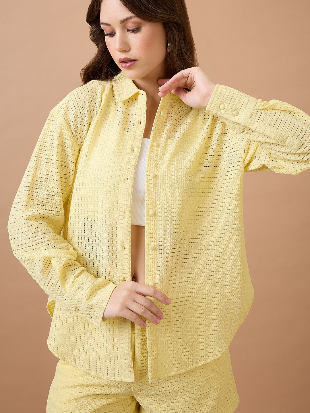 

Globus Collared Neck Cuffed Sleeves Crochet Shirt Style Top with Shorts Co-ords Set, Yellow