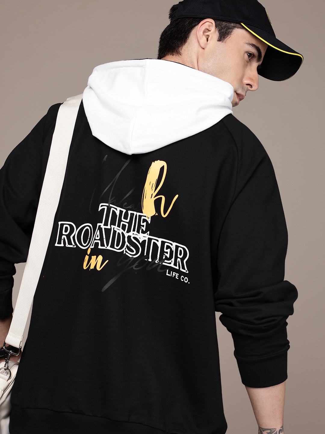 

The Roadster Lifestyle Co. Printed Raglan Sleeve Pure Cotton Sweatshirt with Contrast Hood, Black