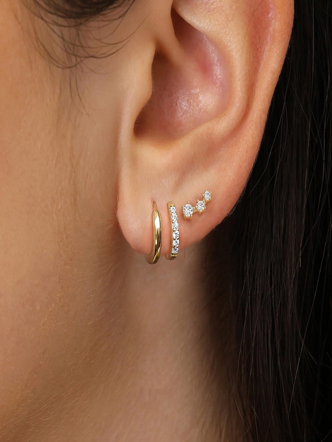 

AQUASTREET Set of 3 14K Gold-Plated Single Ear Piercing Antitarnish Zircon Earrings
