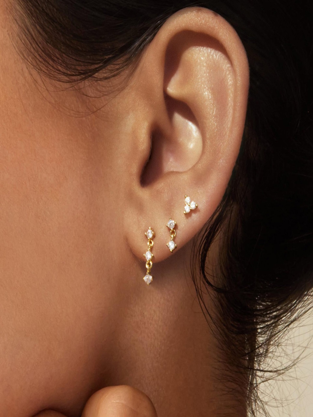 

AQUASTREET Set of 3 14K Gold-Plated Single Ear Piercing Antitarnish Zircon Earrings