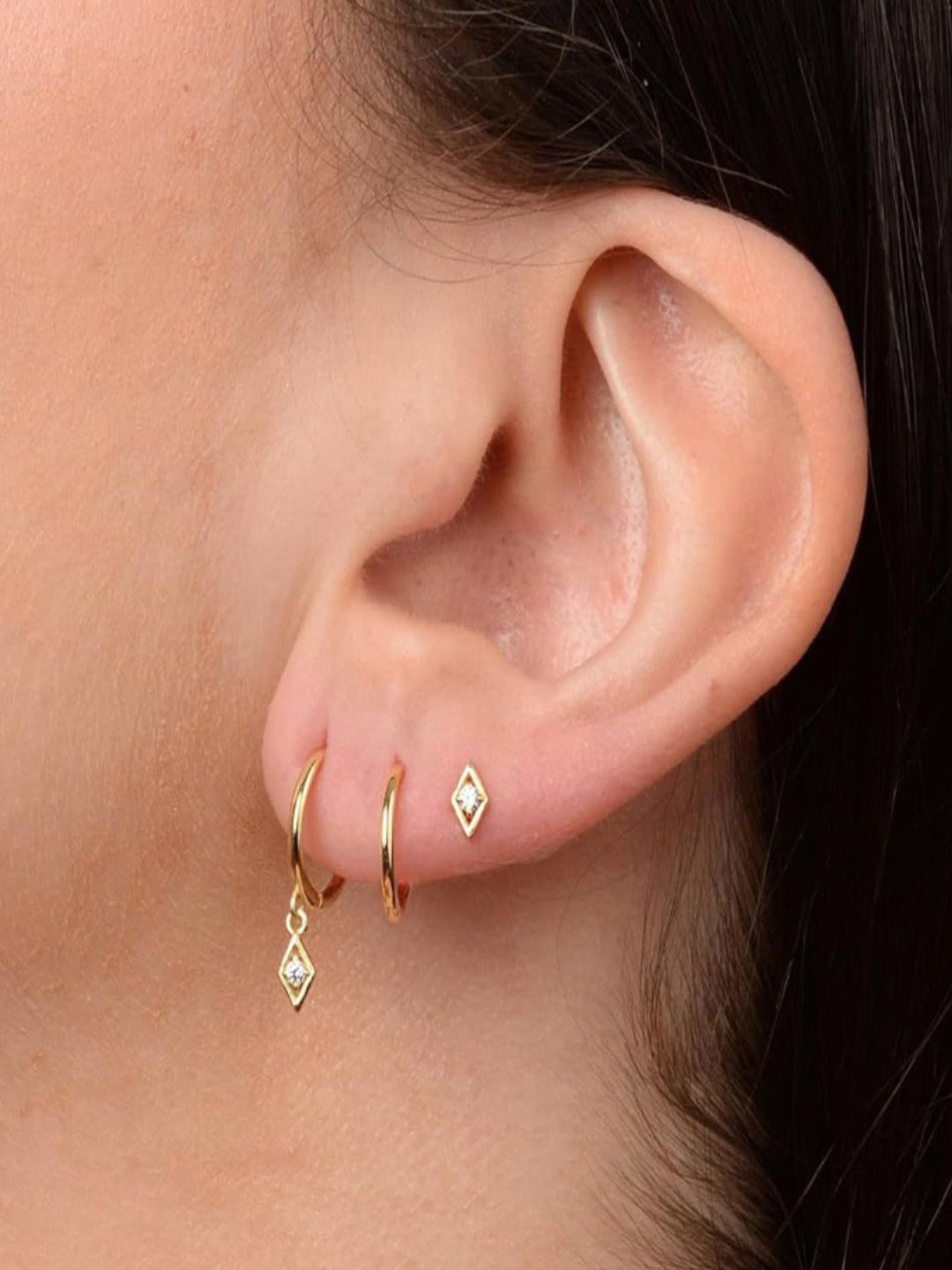

AQUASTREET Set of 3 14K Gold-Plated Single Ear Piercing Antitarnish Zircon Earrings