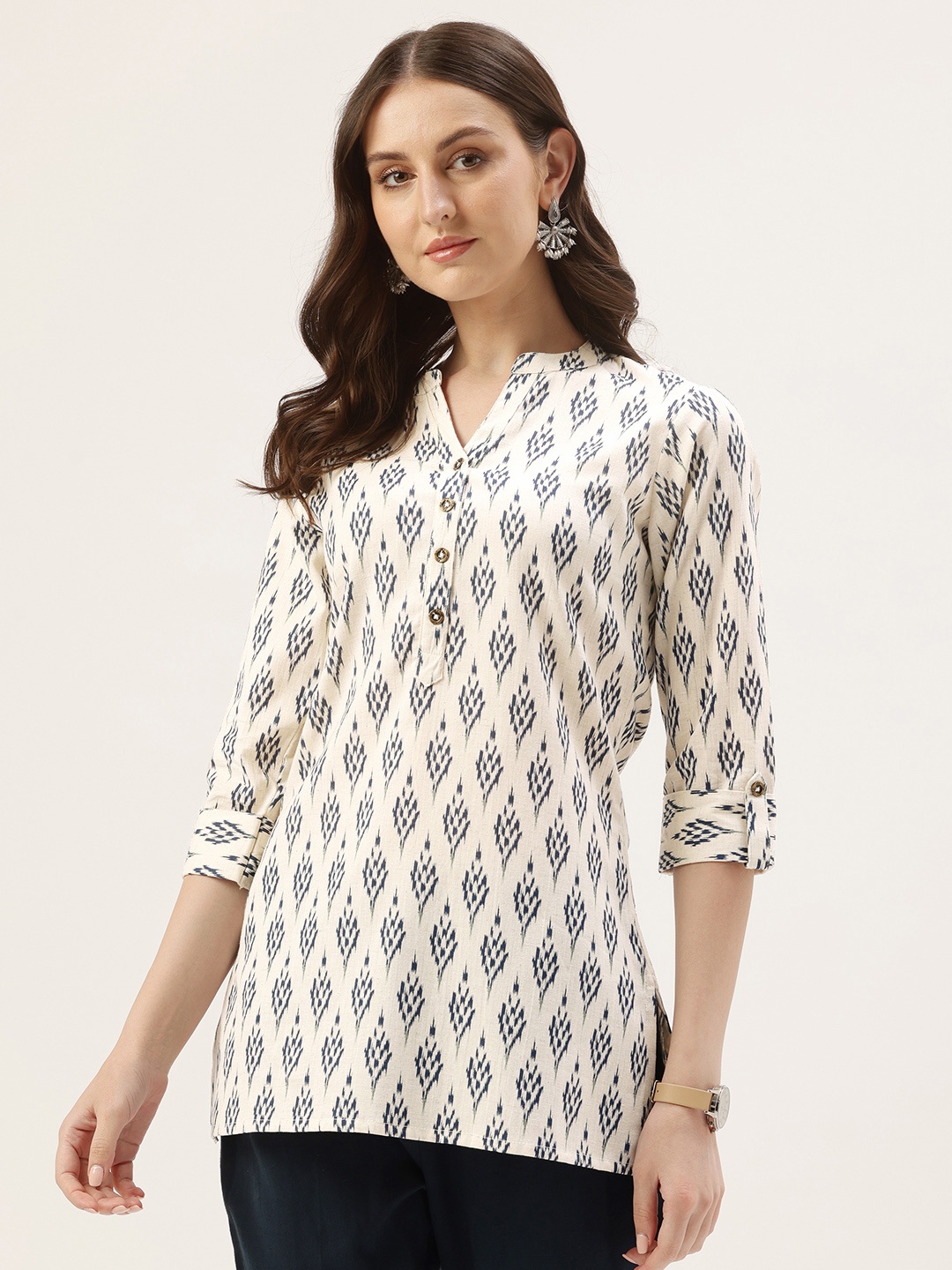 

AMUKTI Mandarin Collar Ethnic Printed Linen Tunic, Blue