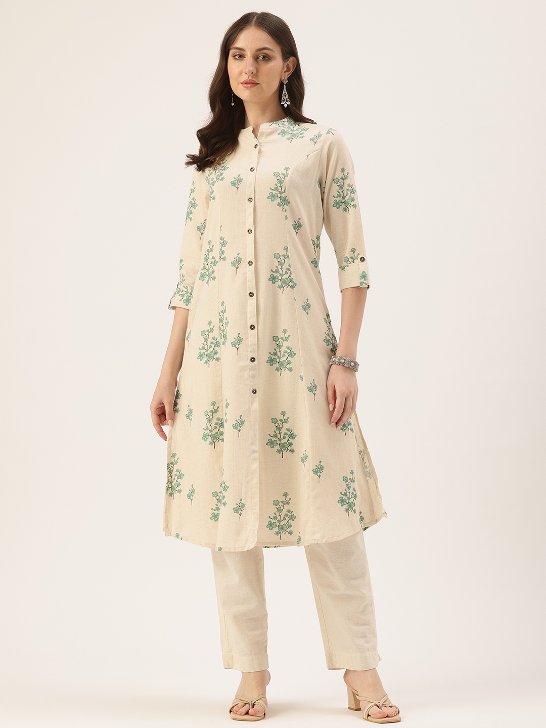 

AMUKTI Floral Printed Roll Up Sleeves Linen Kurta, Beige