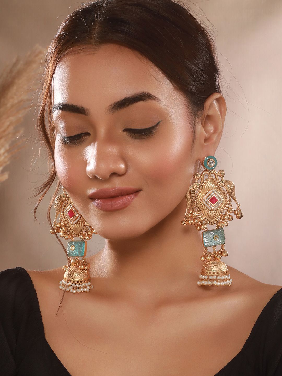 

Saraf RS Jewellery Gold-Plated Kundan Studded Dome Shaped Jhumkas