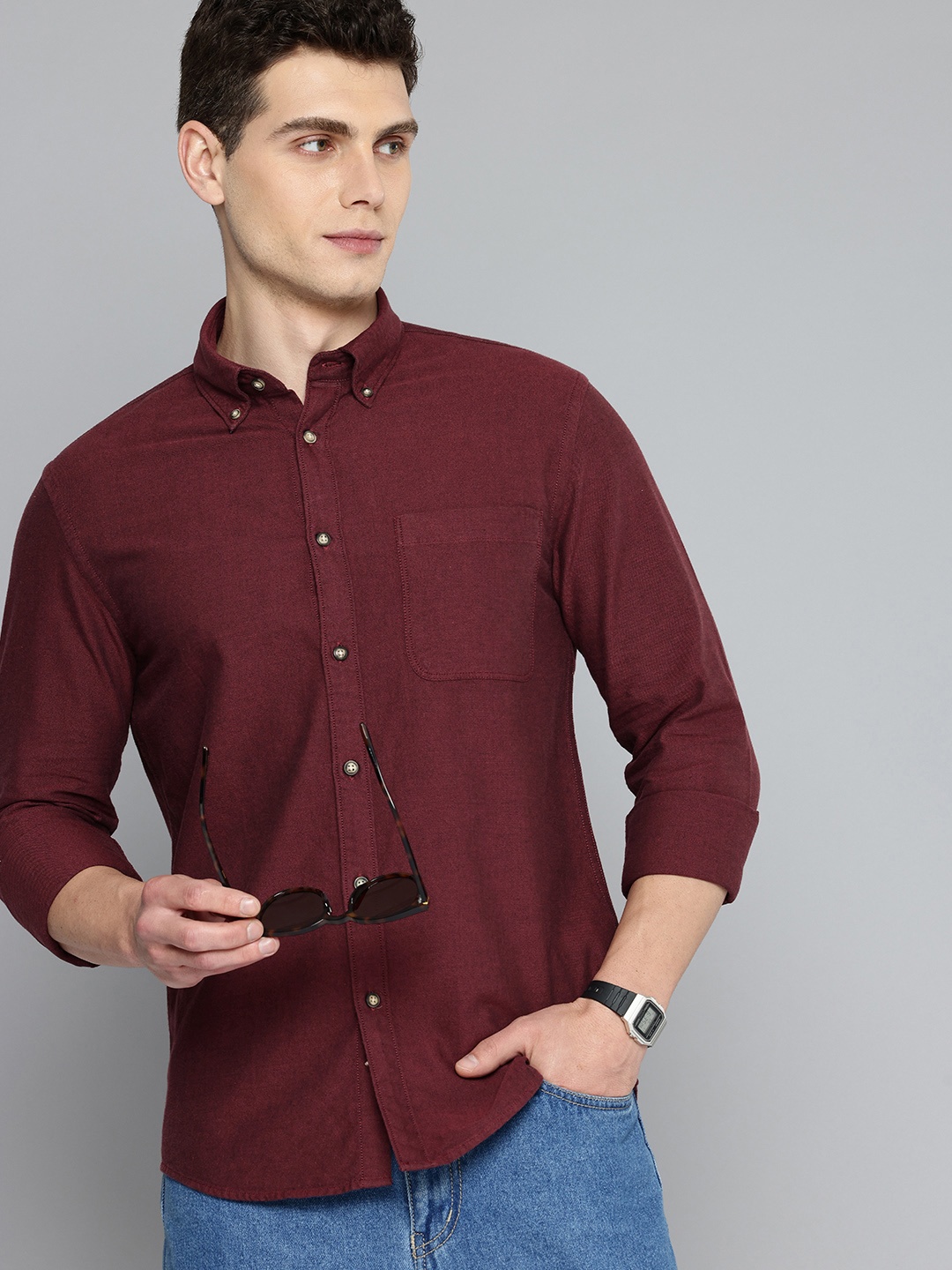 

Flying Machine Slim Fit Opaque Pure Cotton Casual Shirt, Maroon