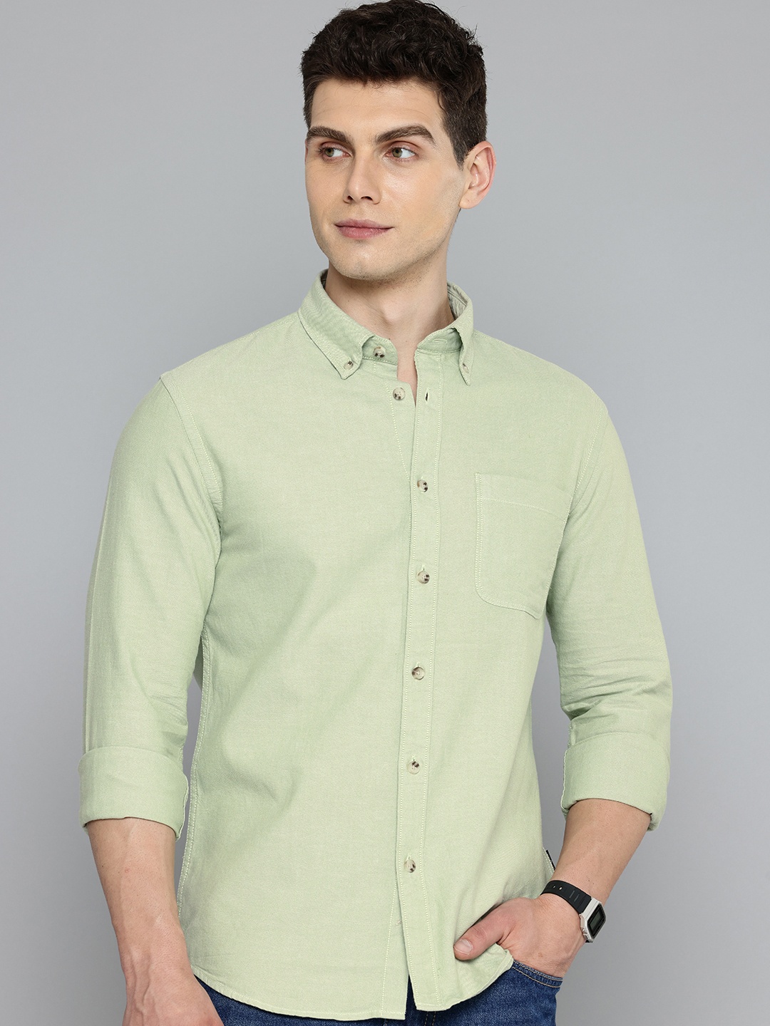 

Flying Machine Slim Fit Button-Down Collar Pure Cotton Casual Shirt, Green