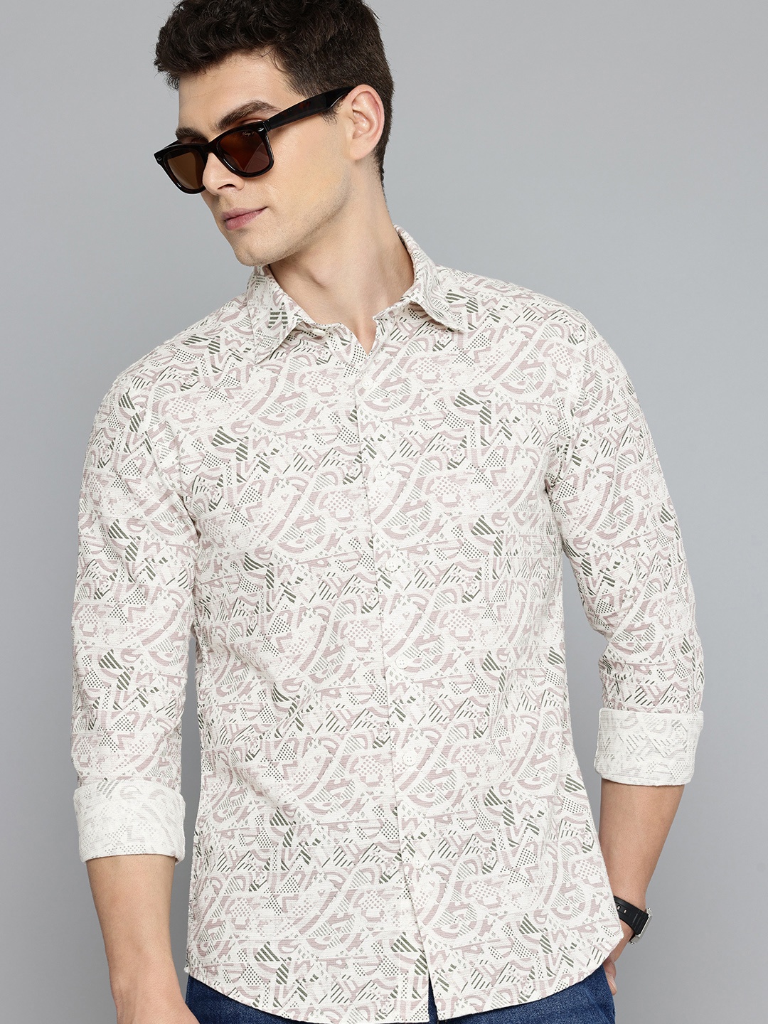 

Flying Machine Slim Fit Printed Pure Cotton Casual Shirt, White