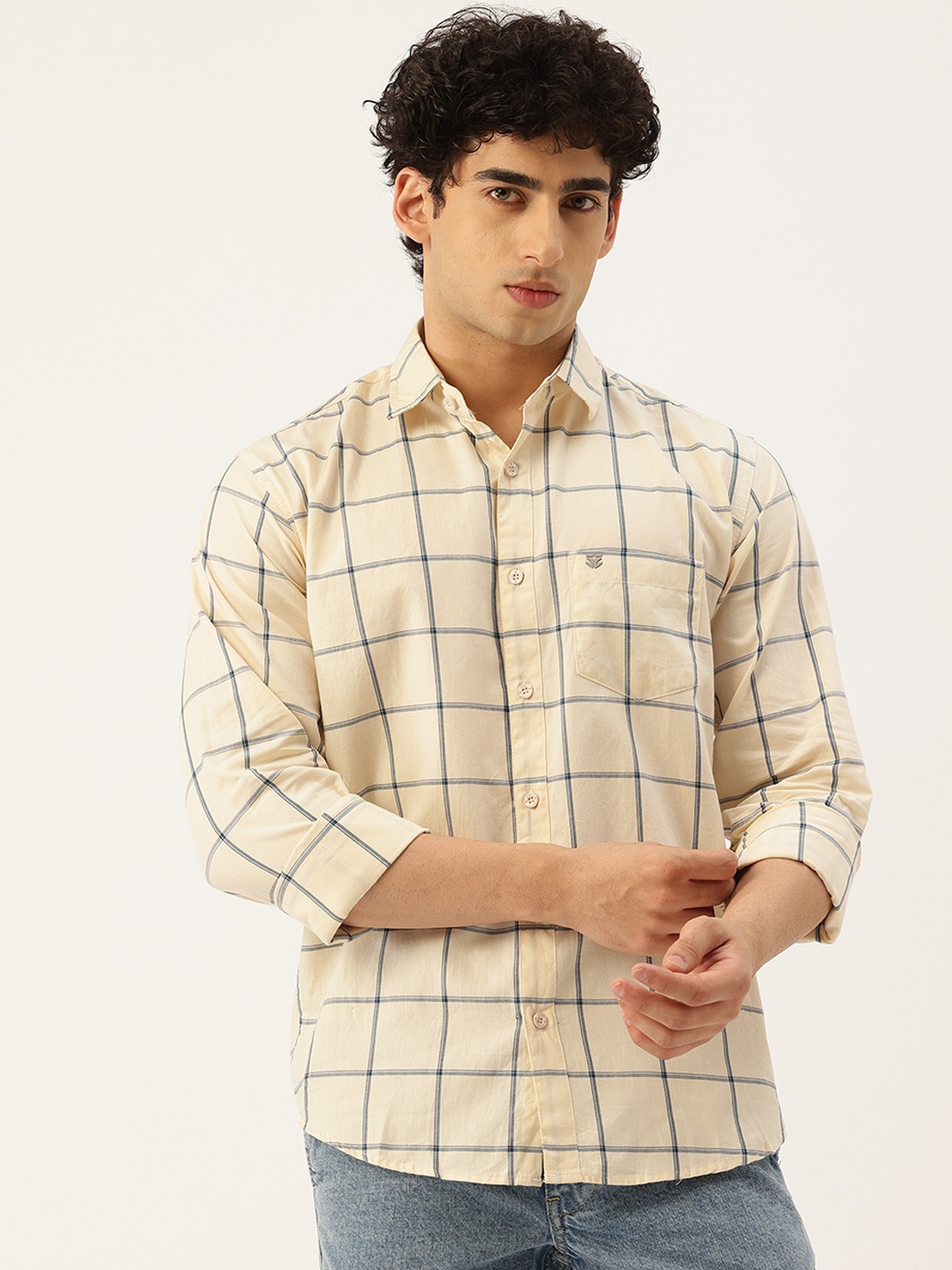 

FIFTY TWO Comfort Windowpane Checks Casual Shirt, Cream