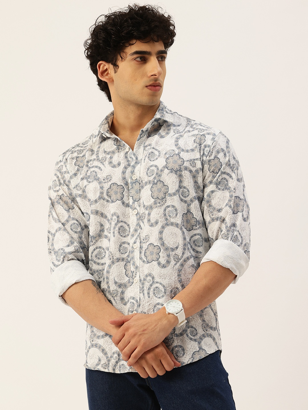 

FIFTY TWO Floral Printed Comfort Casual Shirt, Off white