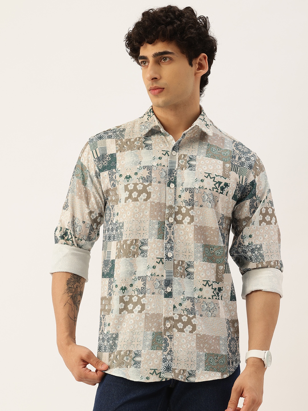 

FIFTY TWO Floral Printed Comfort Casual Shirt, Beige