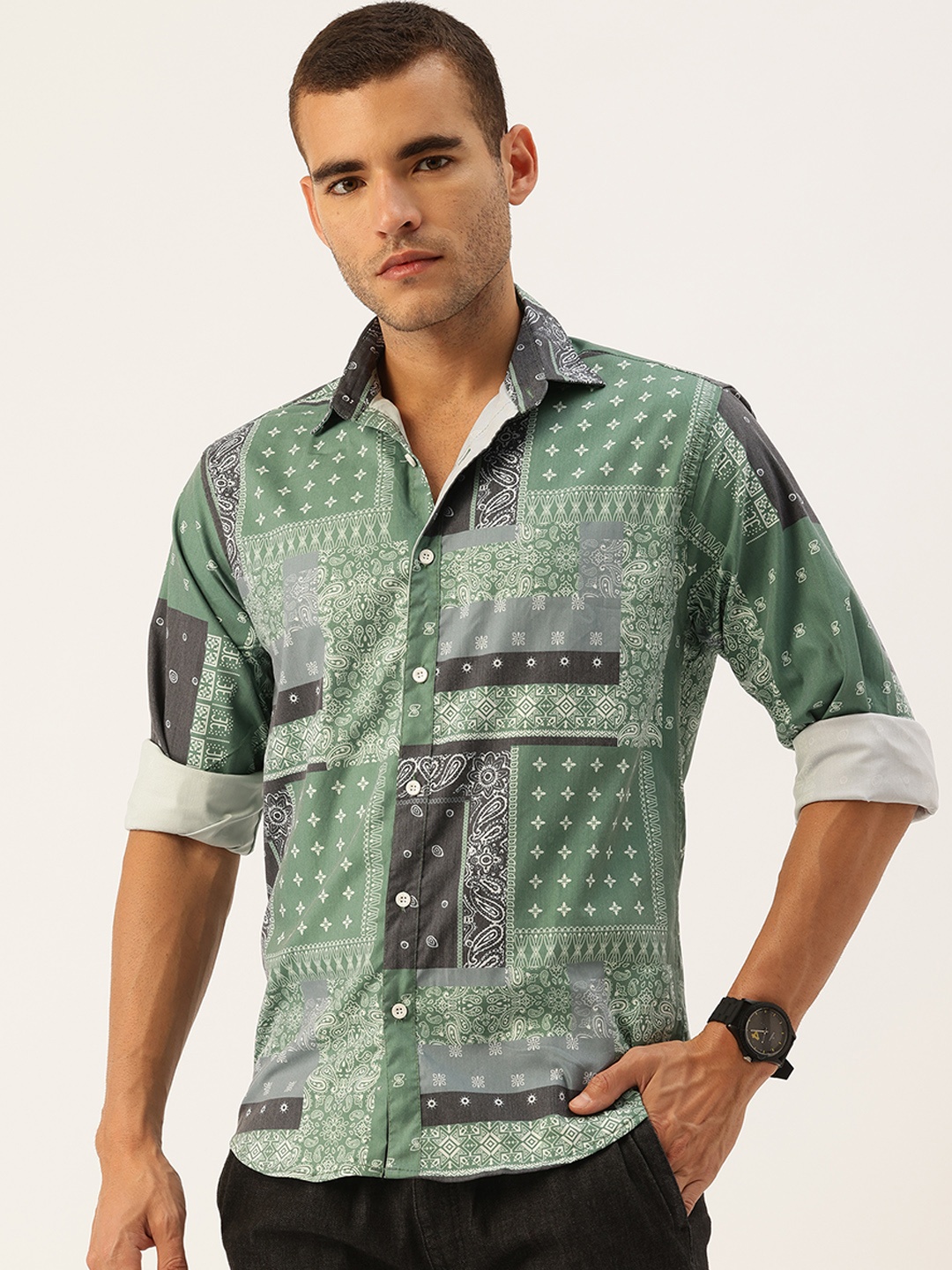 

FIFTY TWO Men Ethnic Printed Casual Shirt, Olive