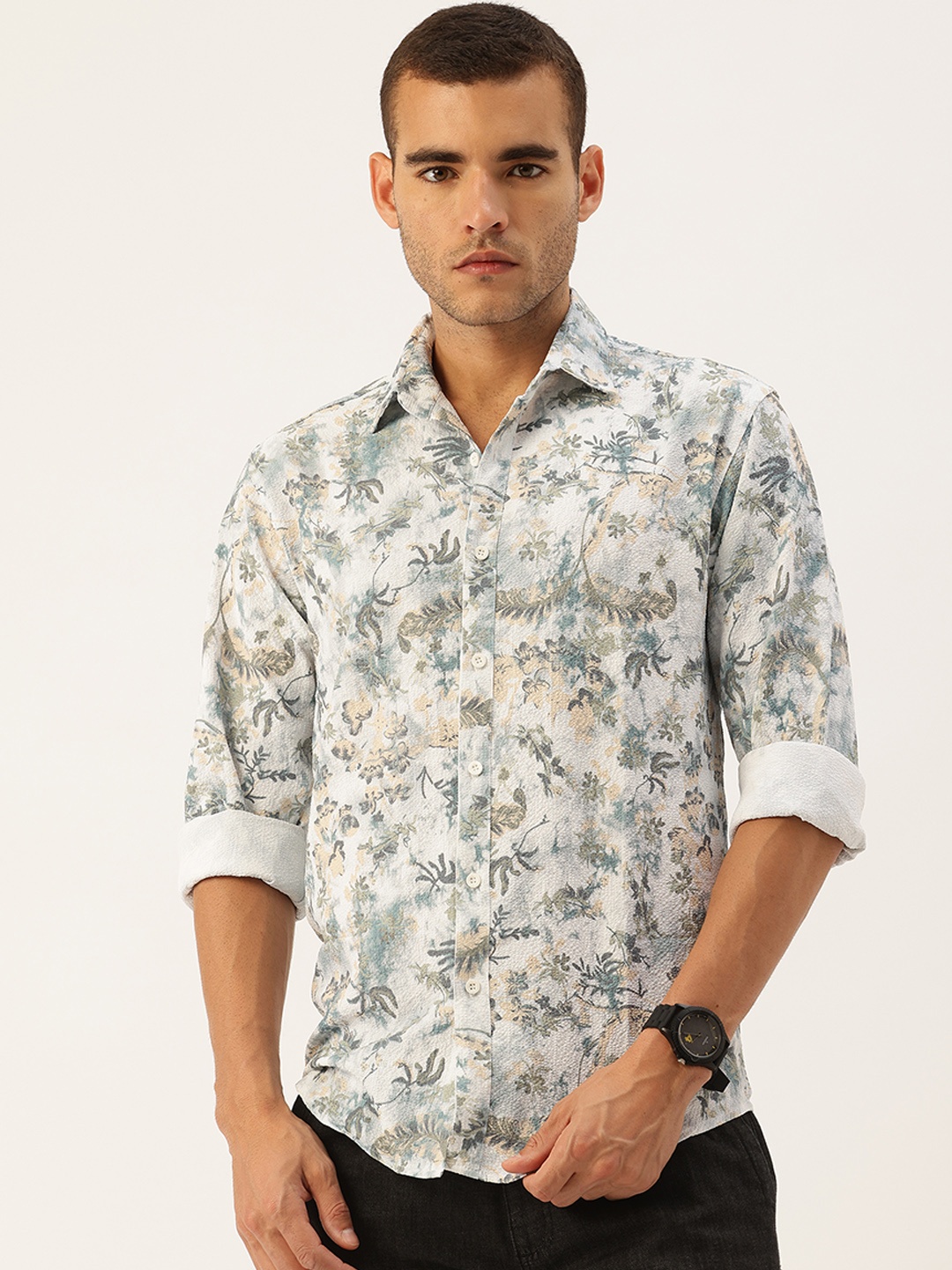 

FIFTY TWO Men Floral Printed Casual Shirt, White