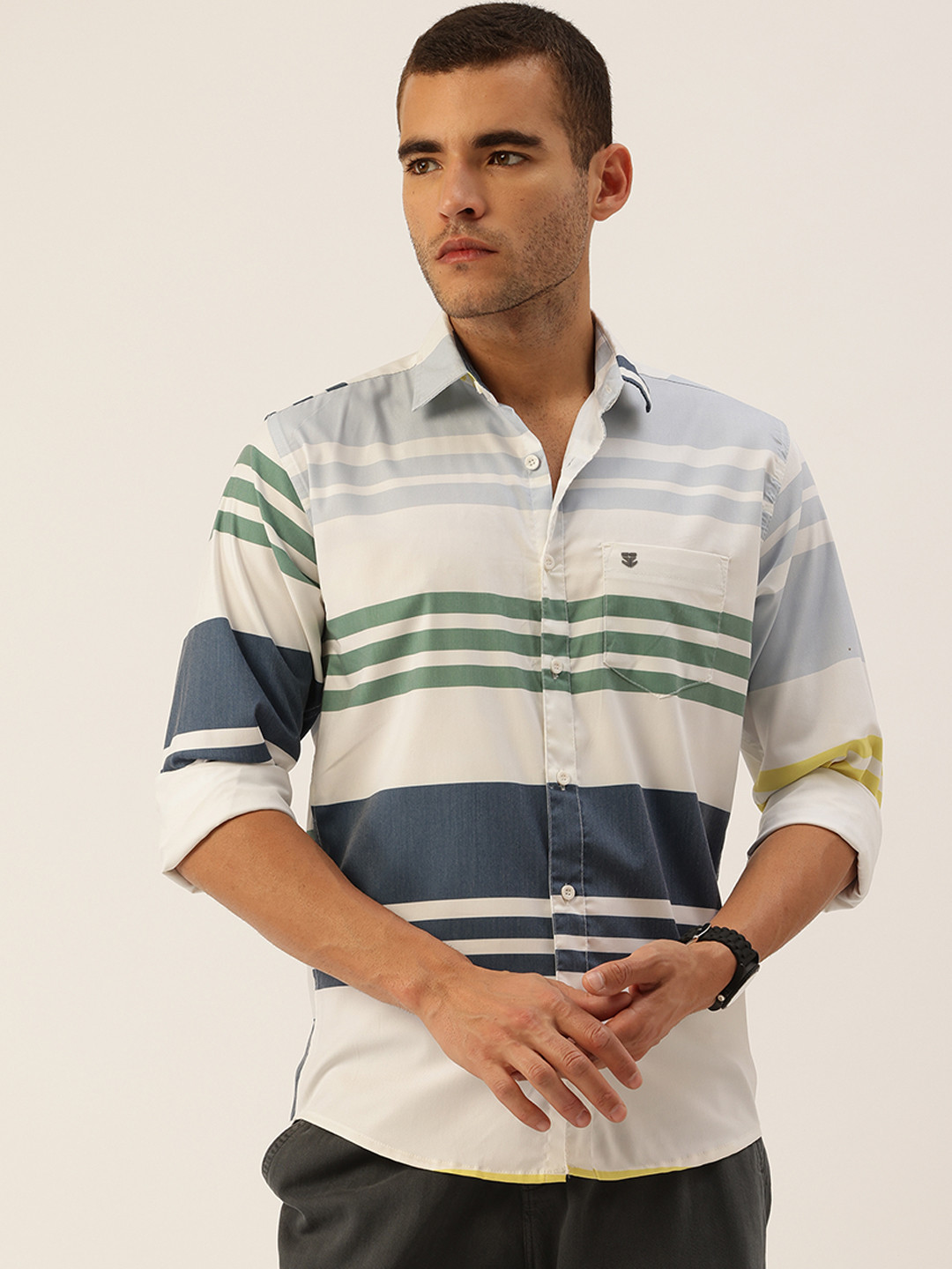 

FIFTY TWO Horizontal Stripes Comfort Casual Shirt, White