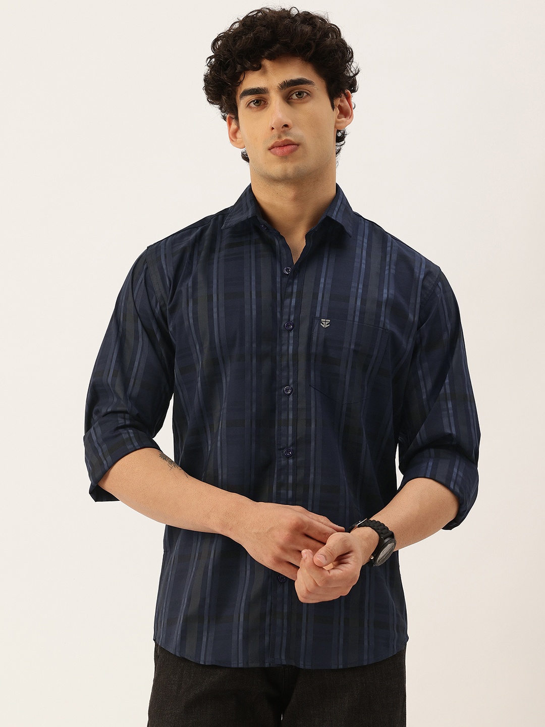 

FIFTY TWO Comfort Striped Longline Casual Shirt, Navy blue
