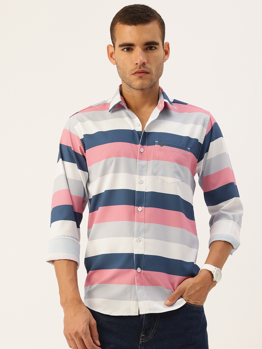 

FIFTY TWO Comfort Horizontal Striped Casual Shirt, White