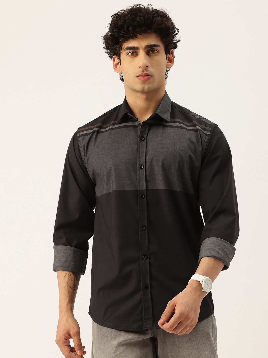 

FIFTY TWO Comfort Opaque Colourblocked Casual Shirt, Black