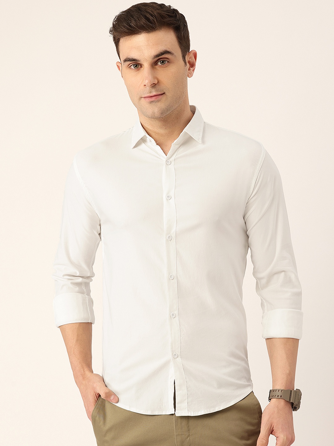 

FIFTY TWO Solid Spread Collar Casual Shirt, White