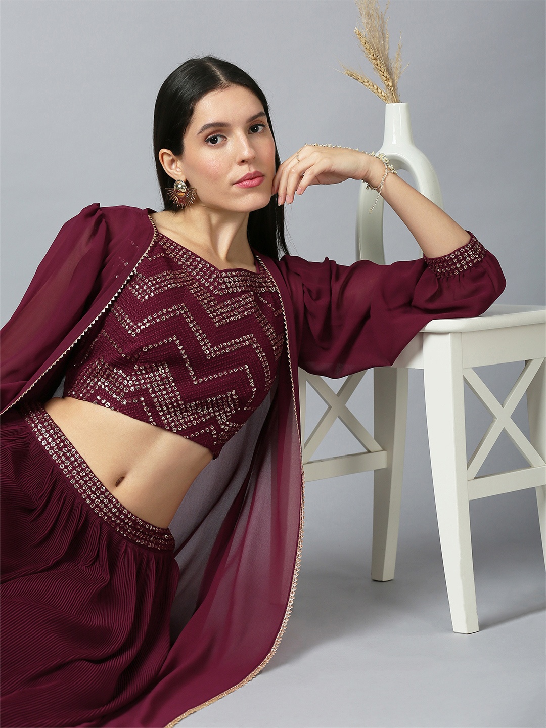 

MADHURAM Embroidered Sweetheart Neck Khari Printed Crop Top & Lehnga With Long Shrug, Maroon